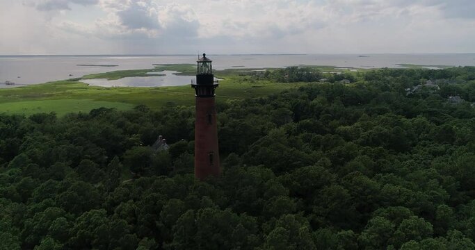 Historic Currituck Beach Lighthouse in Corolla, NC.  Aerial drone shot in the Outer Banks