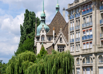 facade detail of the Pontonniers international high school in Strasbourg, France