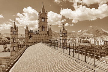 Palermo, Sicily, Italy - View from the roof of The Cathedral at Palermo, sepia