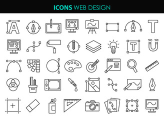 Set line icons of graphic design. Simple vector linear icons in a modern style flat. Graphic design, creative package, software.