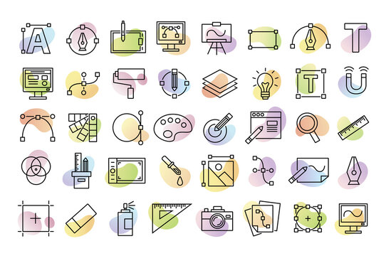 Set line icons of graphic design. Simple vector linear icons in a modern style flat. Graphic design, creative package, software.