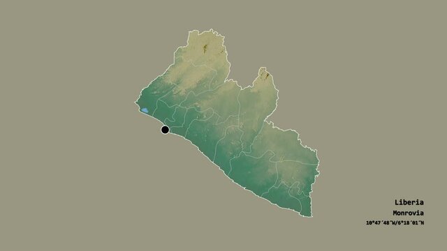 Grand Cape Mount, county of Liberia, with its capital, localized, outlined and zoomed with informative overlays on a relief map in the Stereographic projection. Animation 3D