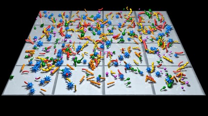 Germs , viruses , bacteria   on surface tiles. Hard surface covered with infectious diseases.  3d rendering illustration