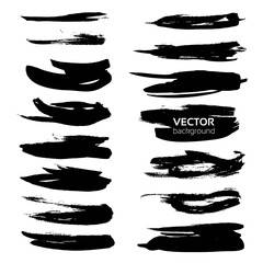 Abstract black textured straight brush strokes set isolated on white background