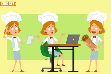 Cartoon flat funny little chef cook girl character in white uniform and baker hat. Kid working on laptop and carrying kebab shawarma. Ready for animation. Isolated on olive background. Vector set.