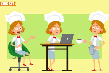 Cartoon flat funny chef cook girl character in white uniform and baker hat. Kid posing and carrying coffee kettle pot and cup on dish. Ready for animation. Isolated on olive background. Vector set.