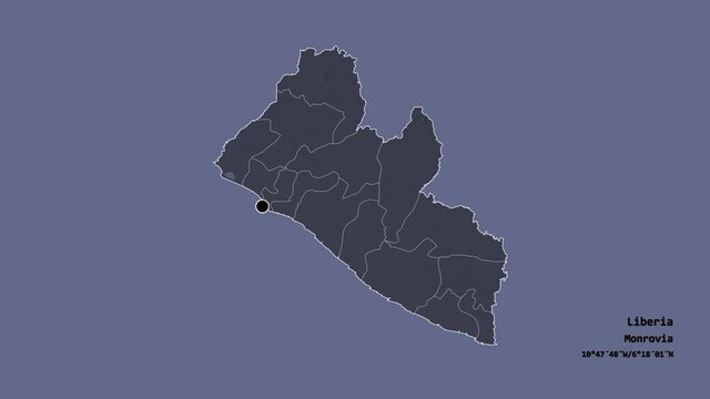 River Cess, county of Liberia, with its capital, localized, outlined and zoomed with informative overlays on a administrative map in the Stereographic projection. Animation 3D