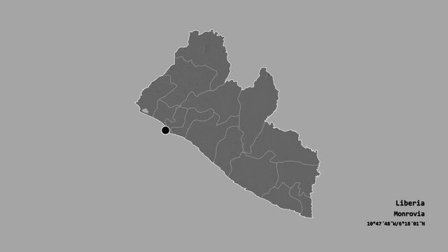 River Cess, county of Liberia, with its capital, localized, outlined and zoomed with informative overlays on a bilevel map in the Stereographic projection. Animation 3D