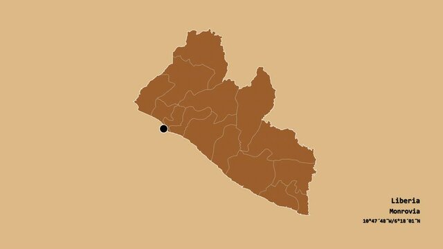 River Cess, county of Liberia, with its capital, localized, outlined and zoomed with informative overlays on a solid patterned map in the Stereographic projection. Animation 3D