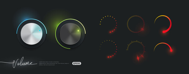 3d realistic metallic volume control knob set with collection of level indicator isolated vector template, neon glow style