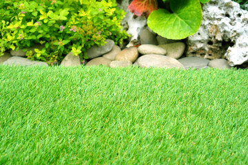 Beautiful artificial grass in the yard. Comfort at home. Background with copy space.