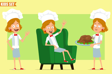 Cartoon flat funny little chef cook girl character in white uniform and baker hat. Kid carrying fried chicken and showing okay sign. Ready for animation. Isolated on olive background. Vector set.