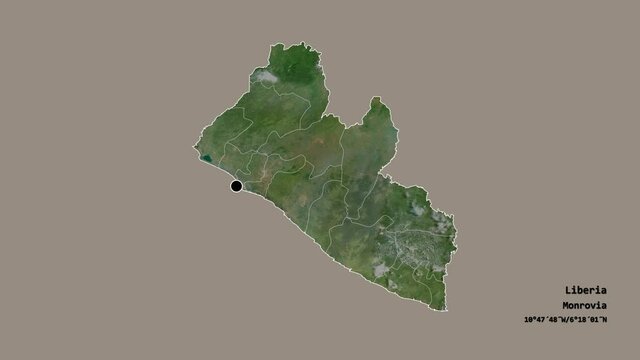 River Cess, county of Liberia, with its capital, localized, outlined and zoomed with informative overlays on a satellite map in the Stereographic projection. Animation 3D