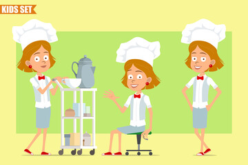 Cartoon flat funny chef cook girl character in white uniform and baker hat. Kid showing hello sign and walking with coffee hotel table. Ready for animation. Isolated on olive background. Vector set.