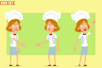 Cartoon flat funny little chef cook girl character in white uniform and baker hat. Kid shaking hands and showing hello gesture. Ready for animation. Isolated on olive background. Vector set.