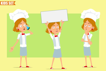 Cartoon flat funny little chef cook girl character in white uniform and baker hat. Kid holding blank sign, thinking and talking on phone. Ready for animation. Isolated on olive background. Vector set.