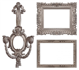 Set of silver frames for paintings, mirrors or photo isolated on white background