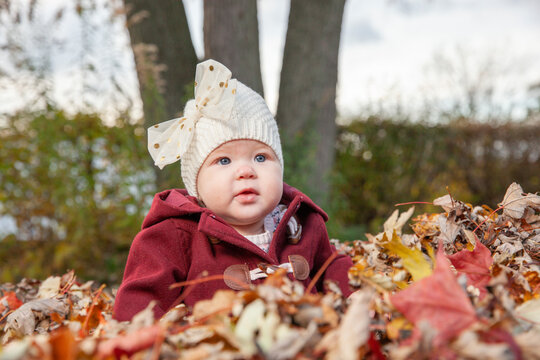 Baby playing outdoors in the fall leaves posing for pictures