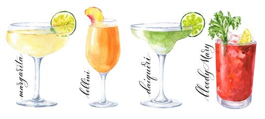 Hand drawn watercolor cocktails isolated on white background. Margarita, bellini, daiquiri and bloody Mary  drink illustration.