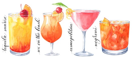 Hand drawn watercolor cocktails isolated on white background. Tequila sunrise, sex on the beach, cosmopolitan and Negroni illustration. - obrazy, fototapety, plakaty