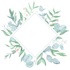 Foliage frame. Eucalyptus, dusty miller, pepper. Minty leaves and berries.
Watercolor monochromatic painting of a leaf frame. Teal monochromatic painting of foliage isolated on white. Logo element