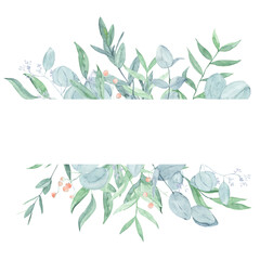 Foliage frame. Eucalyptus, dusty miller, pepper. Minty leaves and berries.
Watercolor monochromatic painting of a leaf frame. Teal monochromatic painting of foliage isolated on white. Logo element