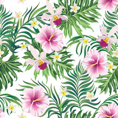 Tropical vector seamless background. Jungle pattern with exitic flowers, and palm leaves. Stock vector. Jungle vector vintage wallpaper