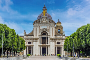 A view towards the Basilica of Saint Mary of the Angels in Assisi, Umbria, Italy in the summertime