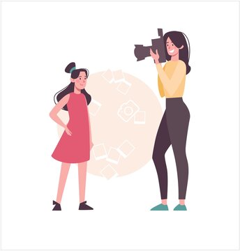 A woman photographs a child on a camera with a flash. Mother takes a photo of her teenage daughter. Cartoon characters, photos from a parent. Vector, flat style, isolated.