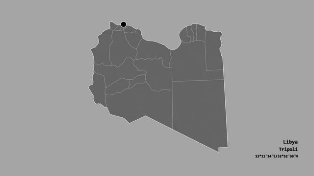 Al Jufrah, district of Libya, with its capital, localized, outlined and zoomed with informative overlays on a bilevel map in the Stereographic projection. Animation 3D