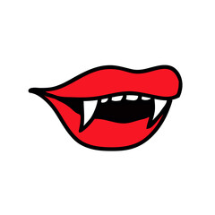 Red vampire lips with fangs vector icon Scary Haloween sticker.