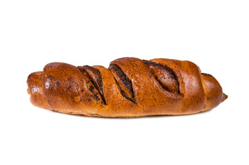 Freshly baked sweet roll with poppy seeds isolated on white background. Fresh bakery.