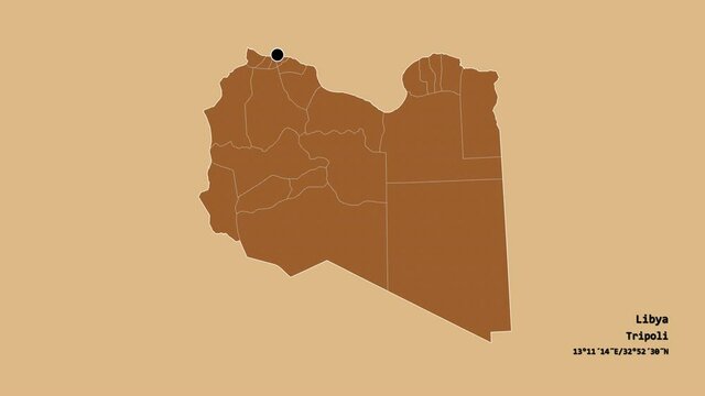 Wadi al Hayat, district of Libya, with its capital, localized, outlined and zoomed with informative overlays on a solid patterned map in the Stereographic projection. Animation 3D