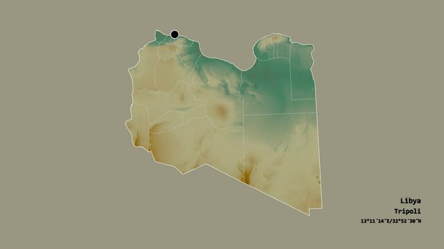 Wadi al Hayat, district of Libya, with its capital, localized, outlined and zoomed with informative overlays on a relief map in the Stereographic projection. Animation 3D