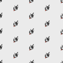 Dog hand drawing pattern. French bulldog cartoon wallpaper isolated on grey background. Seamless vector illustration art.