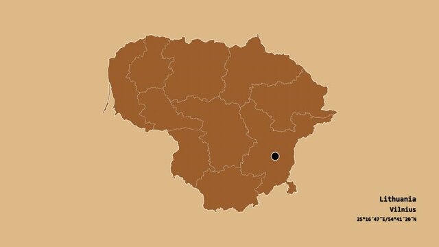 Alytaus, county of Lithuania, with its capital, localized, outlined and zoomed with informative overlays on a solid patterned map in the Stereographic projection. Animation 3D
