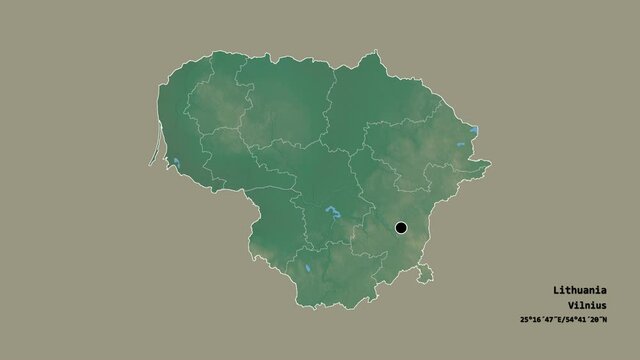 Alytaus, county of Lithuania, with its capital, localized, outlined and zoomed with informative overlays on a relief map in the Stereographic projection. Animation 3D