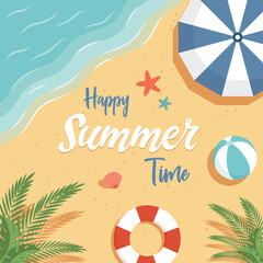 Happy summer time banner design template with text space. Top view sandy beach with umbrella, ball, tropical palms, and sea waves. Summer vacation, seasonal recreation vector flat poster concept.
