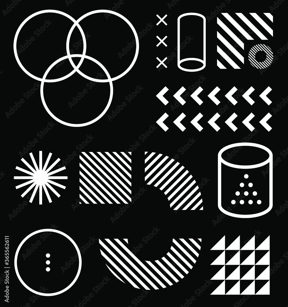 Poster set of abstract universal geometric elements and shapes for design. futuristic neo-memphis compositi