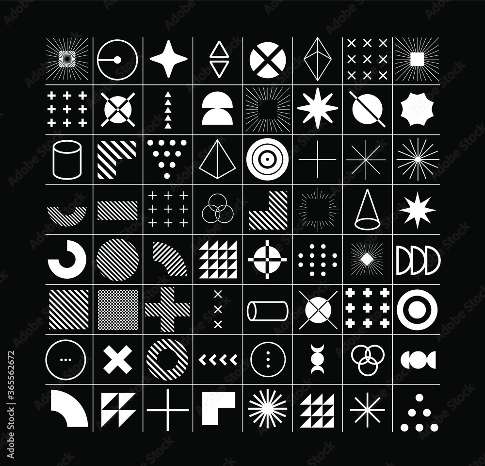 Poster Set of abstract universal geometric elements and shapes for design. Futuristic neo-memphis composition on dark background. Vector illustration.