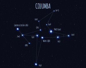 Columba (The Dove) constellation, vector illustration with the names of basic stars against the starry sky © Jazziel