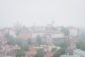 View to the historic centre of Tallinn in fog, Estonia