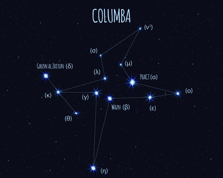 Columba (The Dove) constellation, vector illustration with the names of basic stars against the starry sky