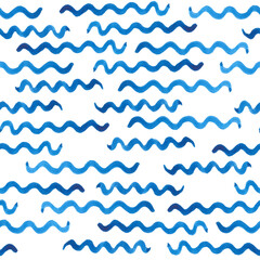 Watercolor seamless vector pattern. Blue strokes of paint wave isolated on white background. Stains, splash, water, ocean, sea, line, river. Tie dye Ornament. Hand drawn Cozy vector stock illustration