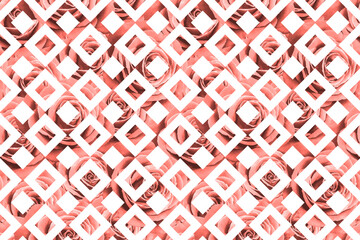 Seamless pattern with coral pink roses on white squares geometric background