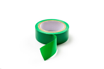Tape roll. Adhesive paper or green sticky scotch roll isolated on white background. Torn strip grunge texture.
