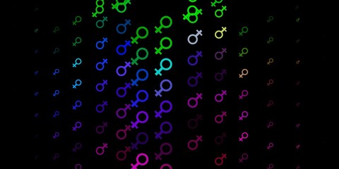 Dark Multicolor vector backdrop with woman's power symbols.