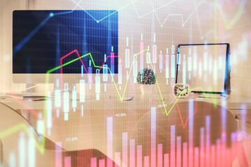 Multi exposure of stock market chart drawing and office interior background. Concept of financial analysis.