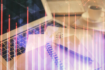 Double exposure of financial chart drawing and desktop with coffee and items on table background. Concept of forex market trading