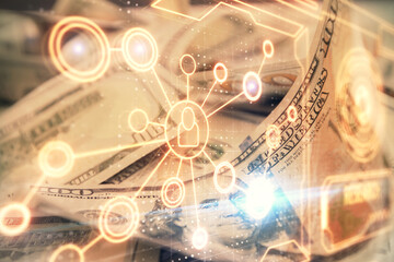 Multi exposure of social network drawing over us dollars bill background. Concept of people connection.
